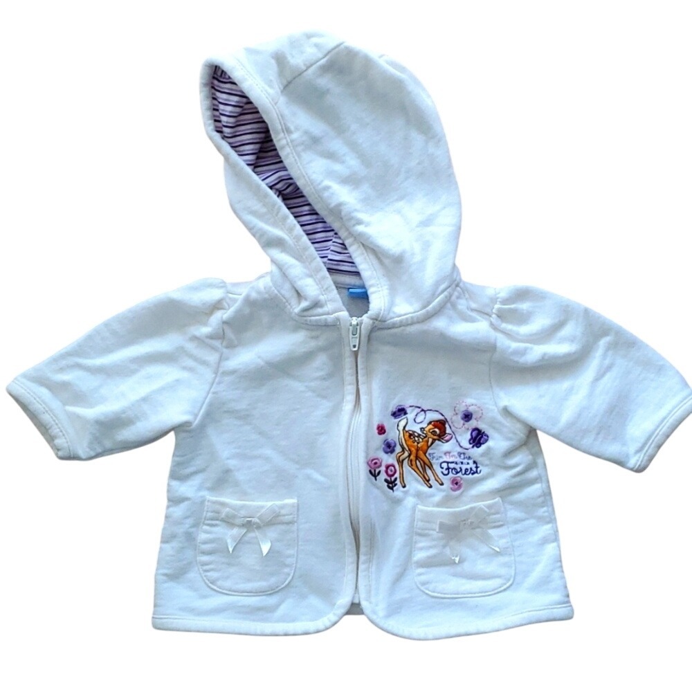 Disney Bambi Girls Embroidered White Zip Up Coat‎ 0-3M. NWOT
